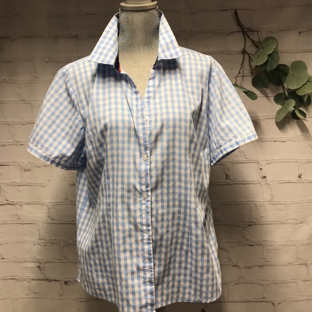 Vintage Plaid 1950 vibe button down top button down blue checkered Cotton XL